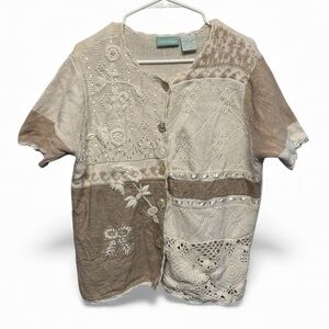 Vintage 90’s 220Hickory Beige & Brown Patchwork Embroidered Cardigan Medium